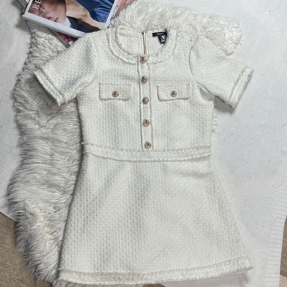 New AQUA
Tweed Short Sleeve Mini Dress Cream Tweed Dress with Gold Buttons - Picture 2 of 16